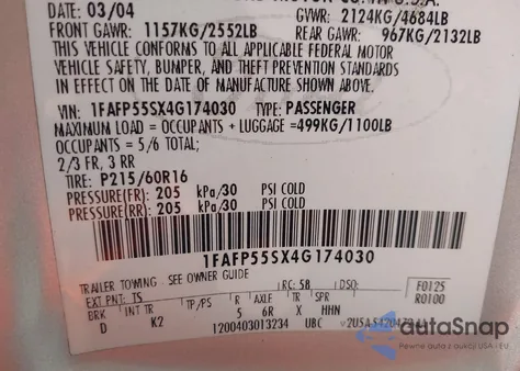 2004 Ford Taurus Ses from USA, damaged, VIN 1FAFP55SX4G174030